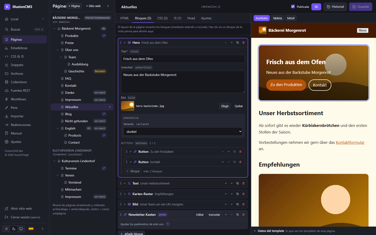 Constructor de páginas de IllusionCMS: formulario de un bloque con parámetros y slots junto a la vista previa en vivo