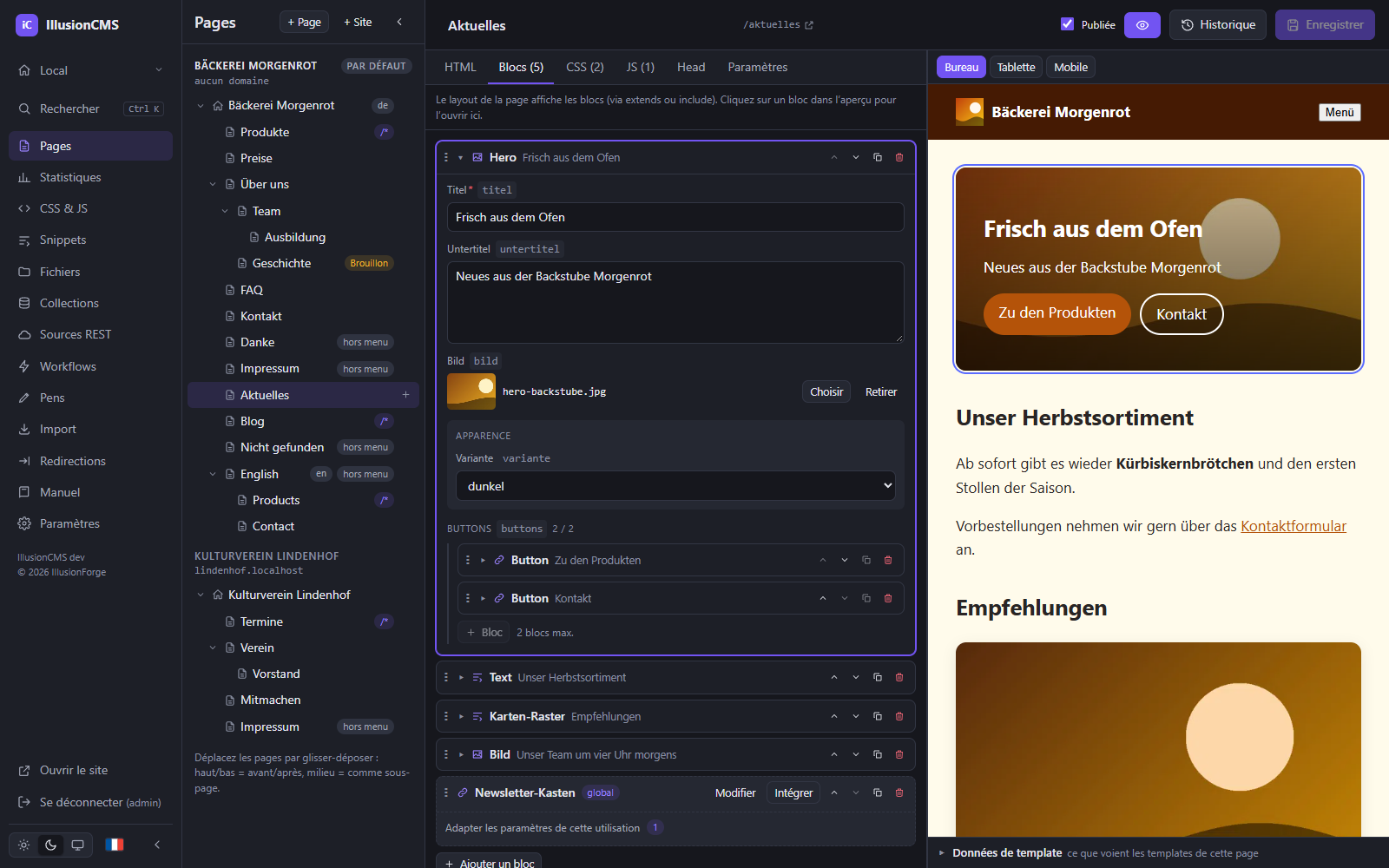 Constructeur de pages IllusionCMS : formulaire d’un bloc avec paramètres et slots à côté de l’aperçu en direct
