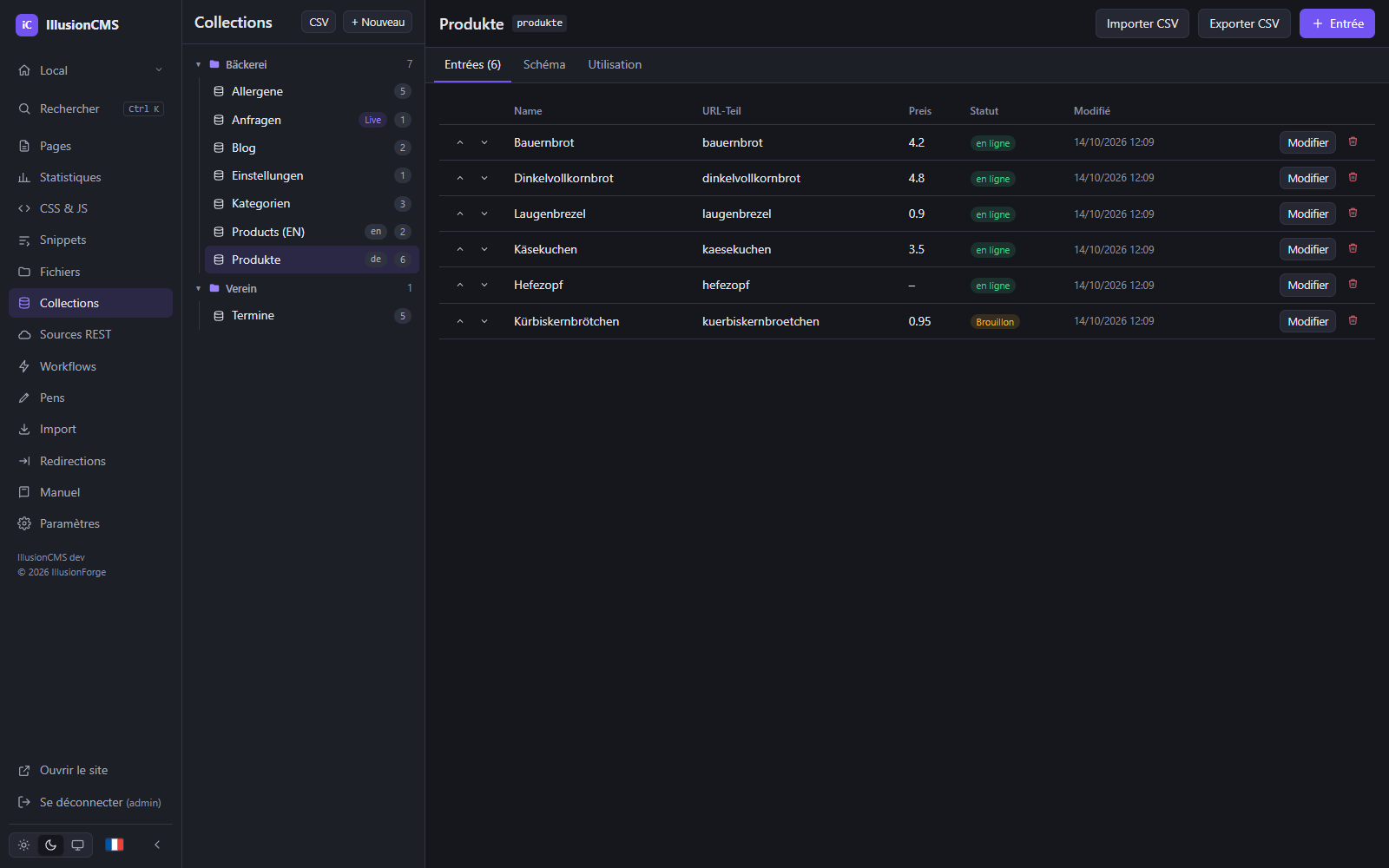 Collections IllusionCMS : entrées d’une collection de produits avec statut et actions