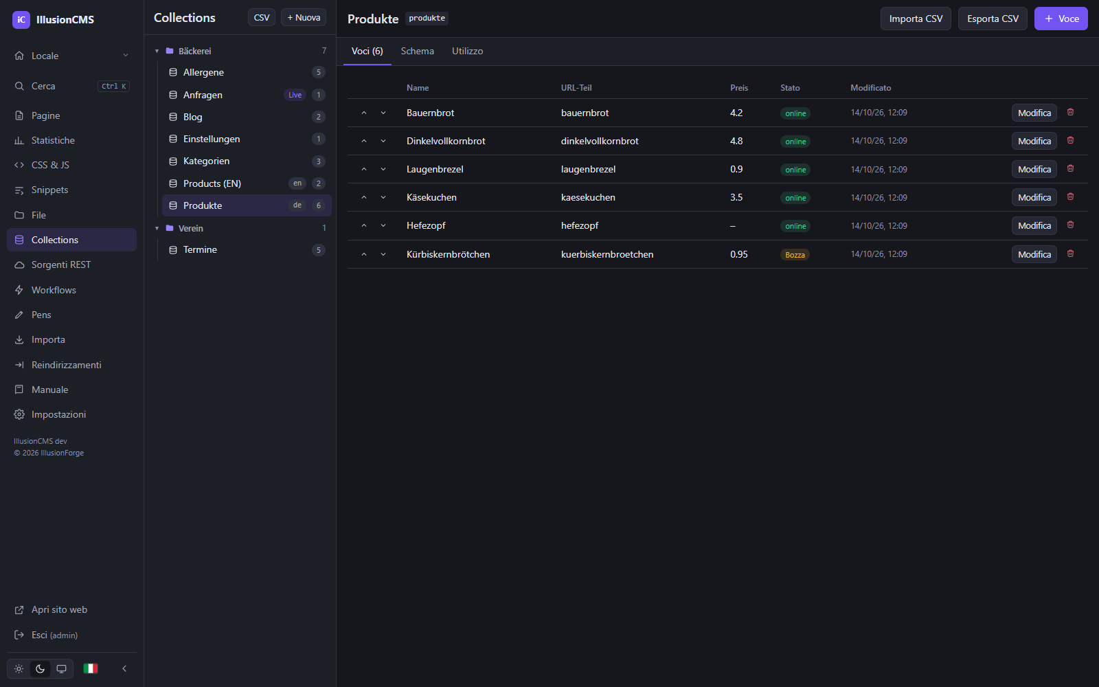 Collection IllusionCMS: voci di una collection di prodotti con stato e azioni