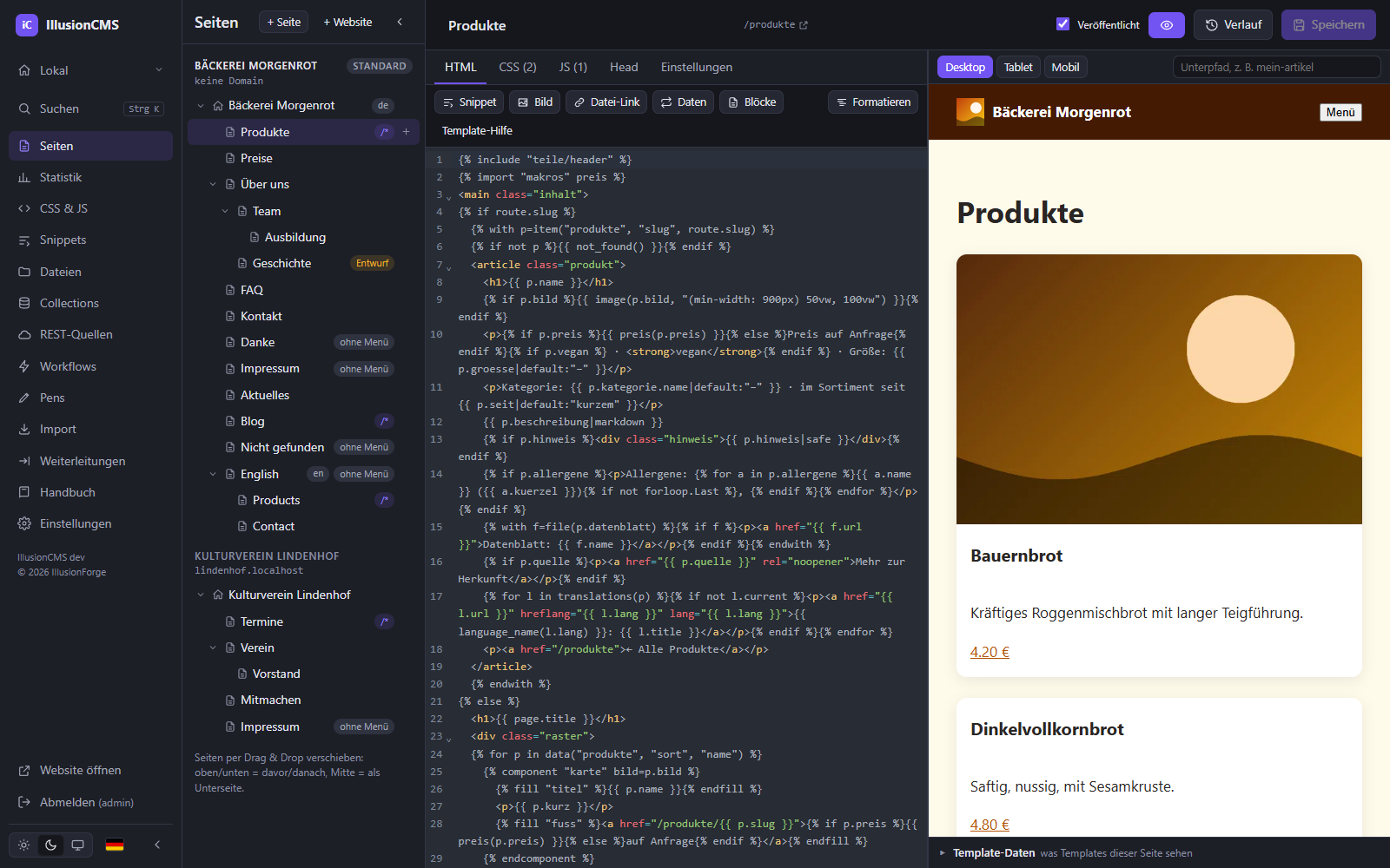 IllusionCMS-Seiten-Editor: Seitenbaum, Code-Editor mit Template-Code und Live-Vorschau
