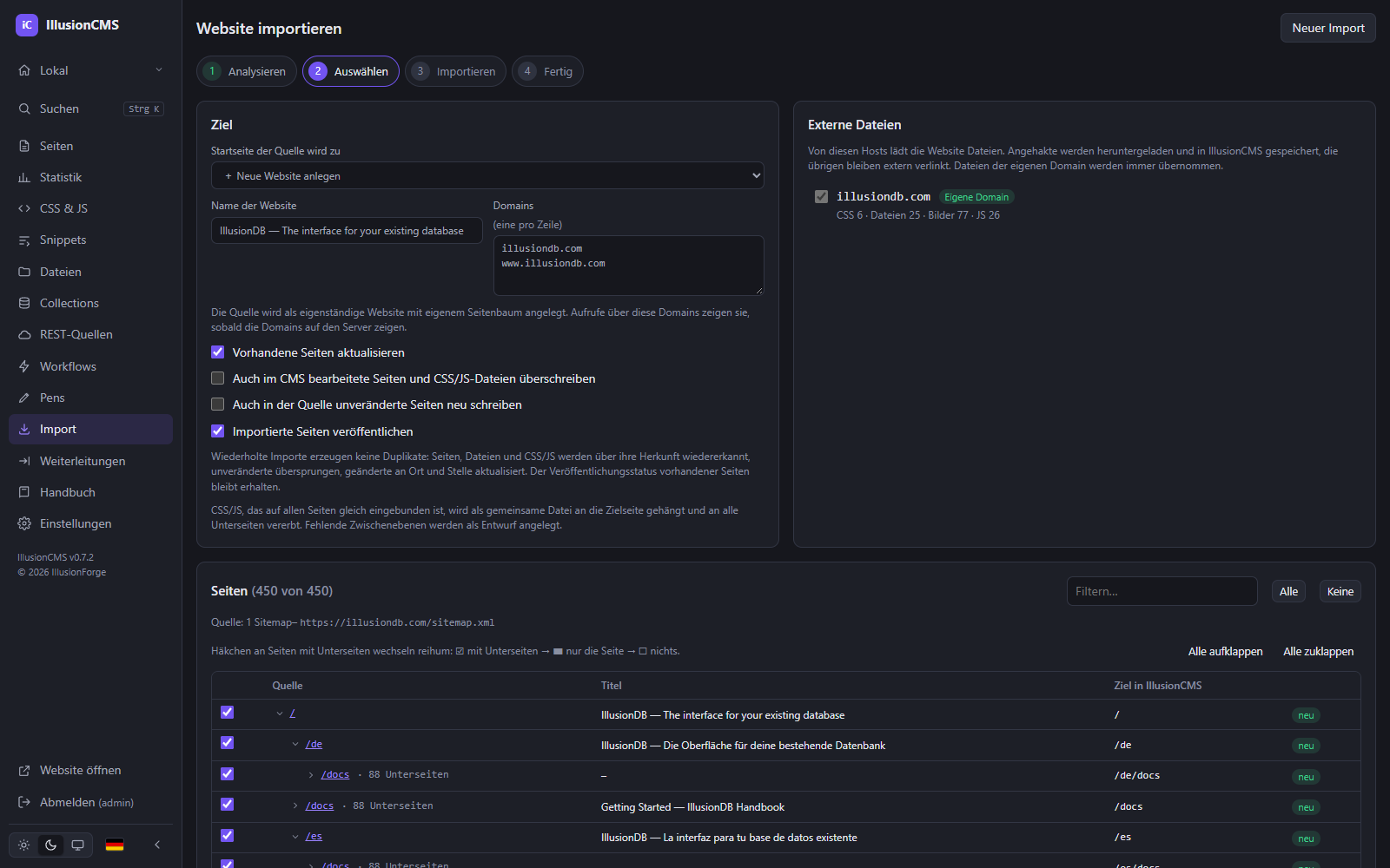 IllusionCMS-Website-Import: Analyse von illusiondb.com mit 450 Seiten aus der Sitemap, Ziel-Website und externen Dateien – vor dem Import