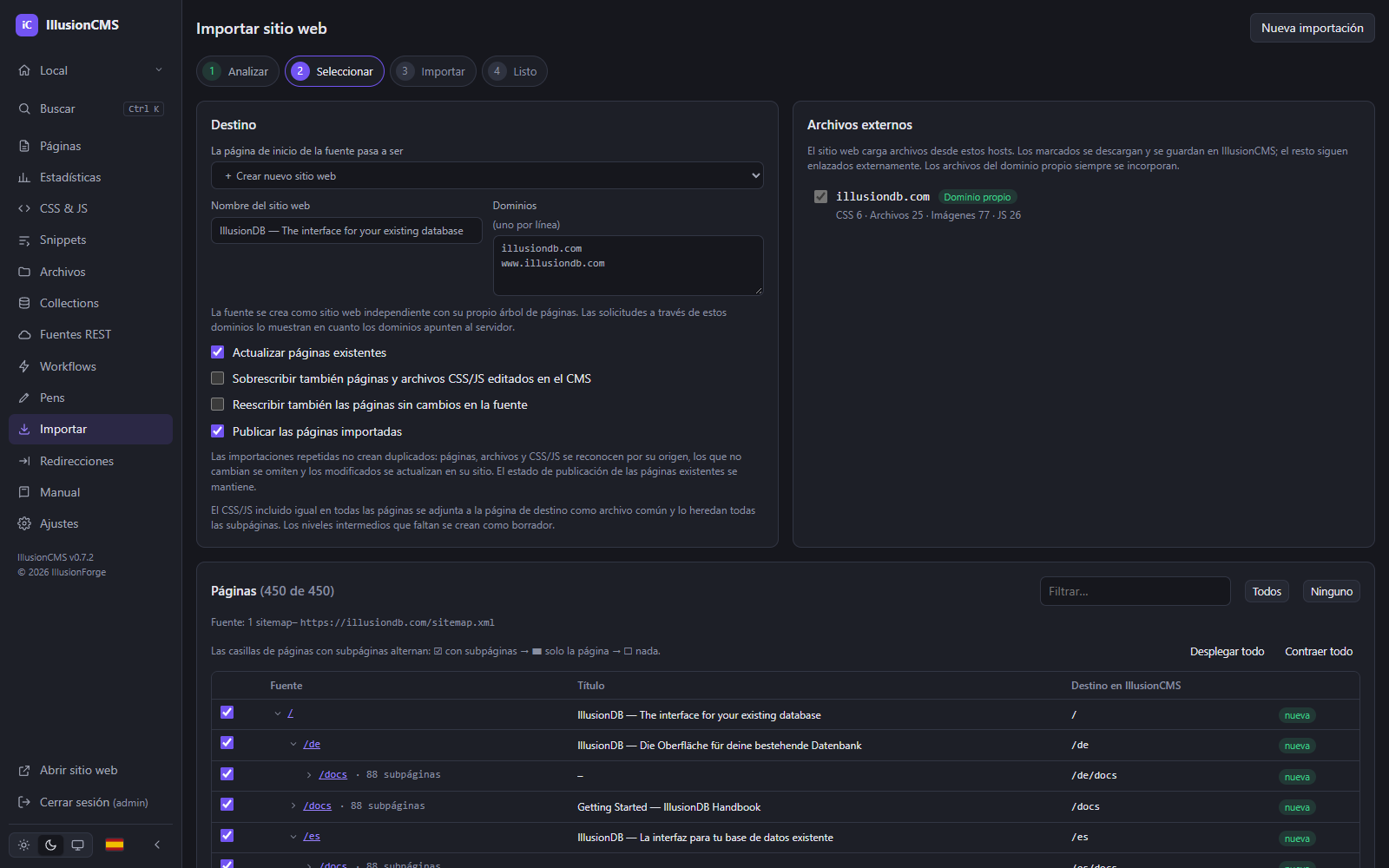 Importación de webs de IllusionCMS: análisis de illusiondb.com con 450 páginas del sitemap, web de destino y archivos externos – antes de importar