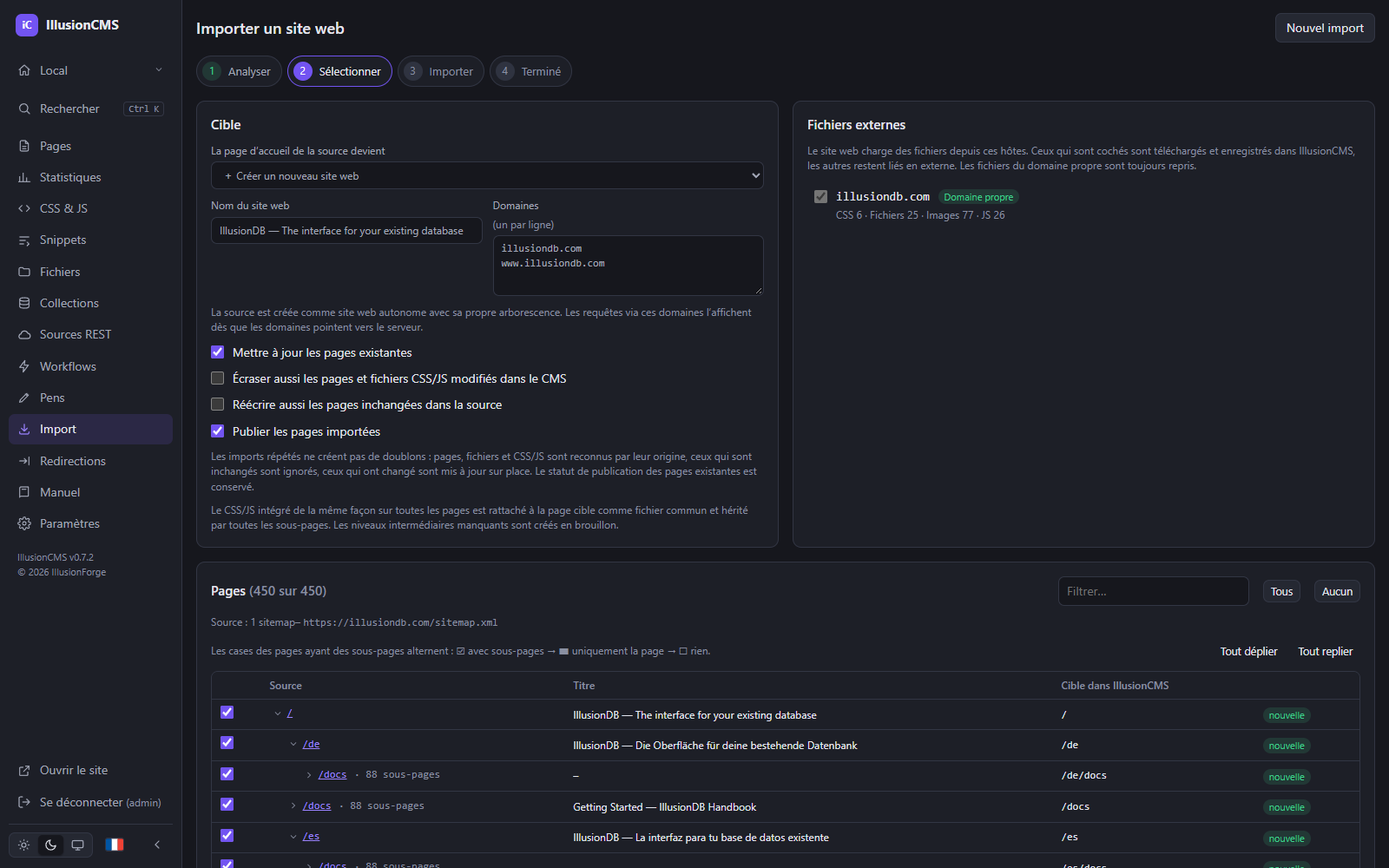 Import de site IllusionCMS : analyse d’illusiondb.com avec 450 pages issues du sitemap, site cible et fichiers externes – avant l’import