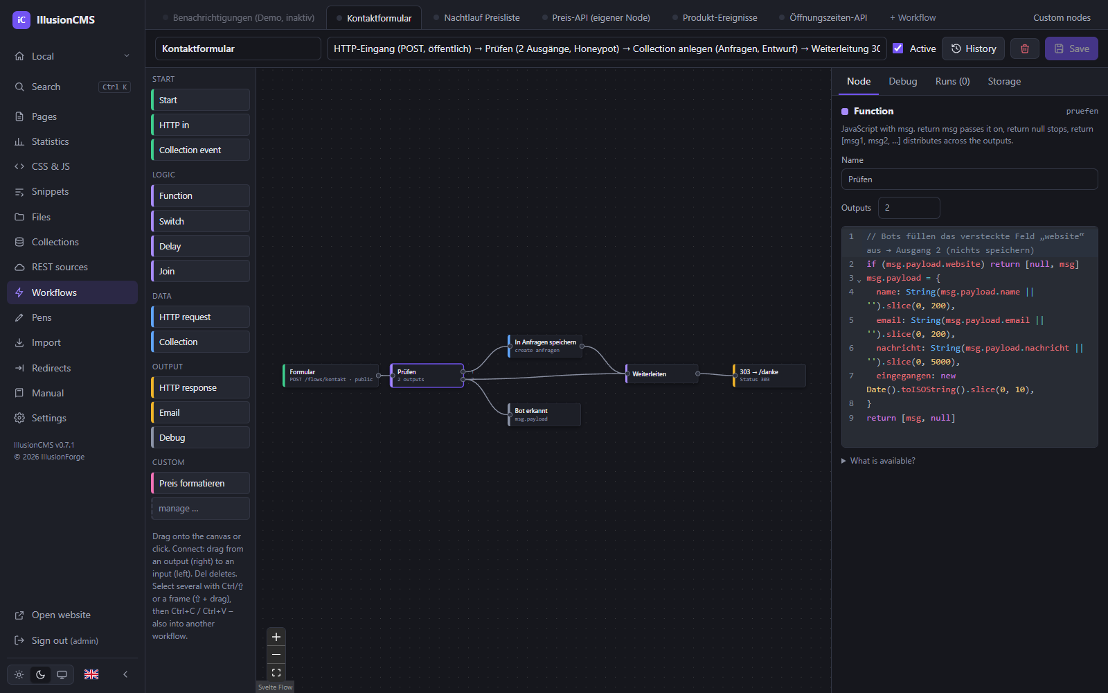 IllusionCMS workflow editor: node canvas of a contact form flow with the JavaScript of a function node