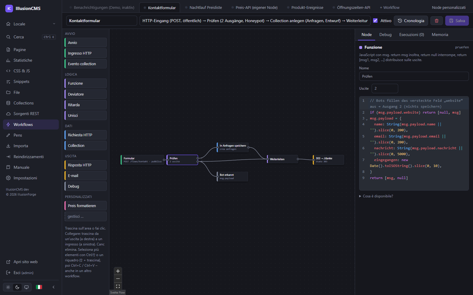 Editor di workflow IllusionCMS: flusso di un modulo di contatto a nodi, con il JavaScript di un nodo funzione