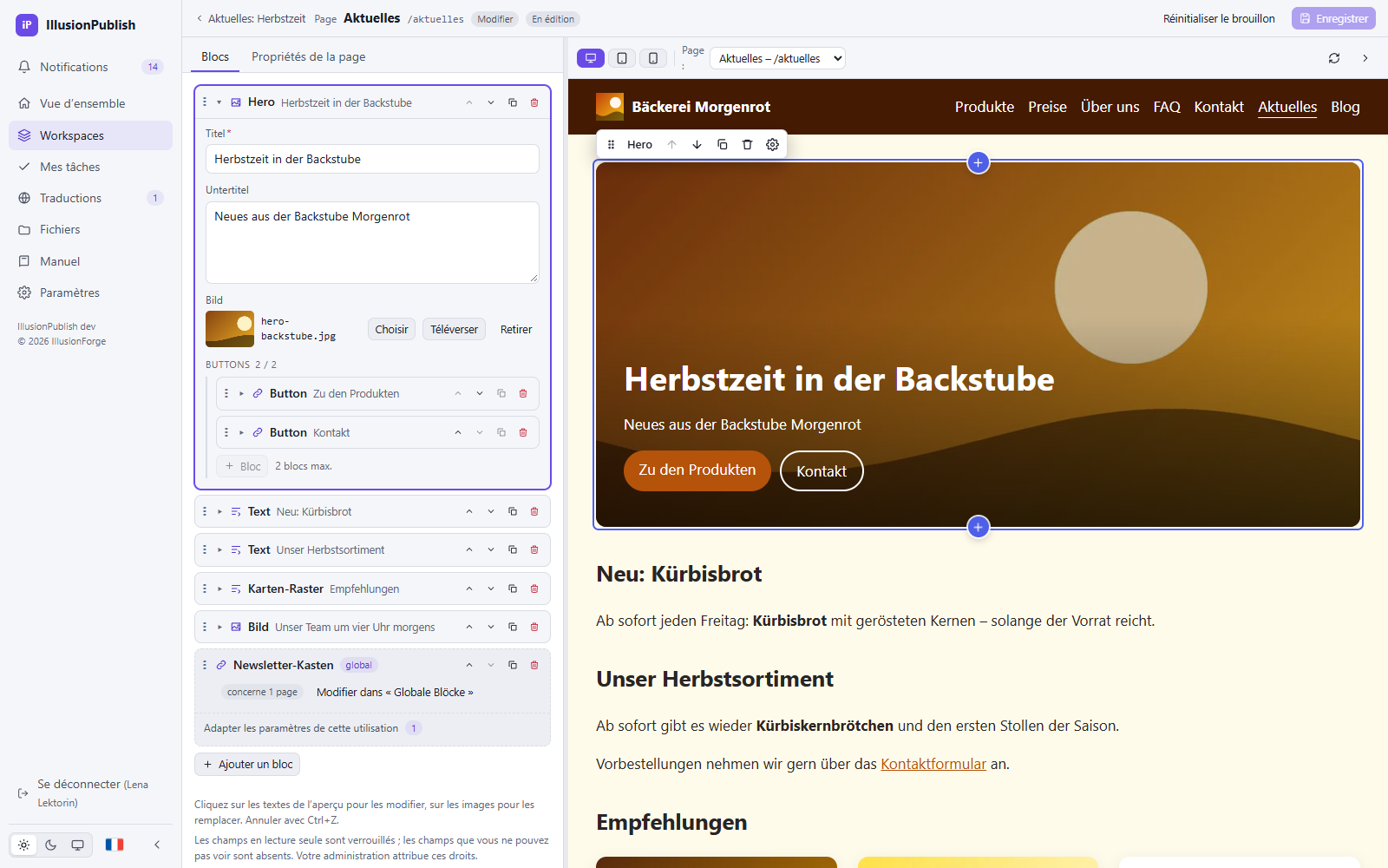Éditeur visuel d’IllusionPublish : bloc hero sélectionné avec barre d’outils et points d’insertion sur la page, formulaire dans le panneau latéral