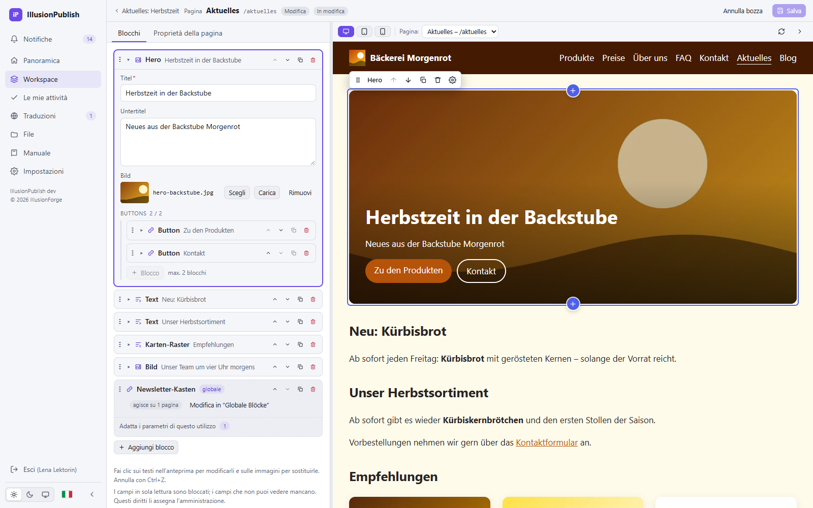 Editor visuale di IllusionPublish: blocco hero selezionato con barra degli strumenti e punti di inserimento sulla pagina, modulo nella barra laterale